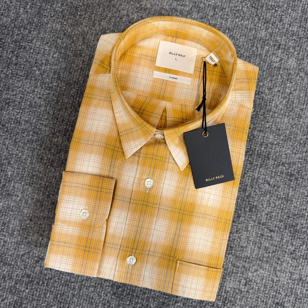 Billy Reid Shirt Men Large Wheat Yellow Brown Bold Shadow Plaid Cypress Button